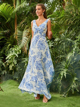 ADYCE Floral Print Chiffon V-Neck Bridesmaid Dress With High Waist And Twist Detail On The Bust